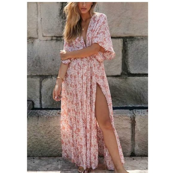 Boho Pink vneck butterfly sleeve Floral Maxi Dress - Picture 3 of 6